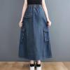 imagechouyatou Womens Casual Vintage Distressed Jean Skirt Elastic High Waisted A Line Midi Flare Denim SkirtDark Blue