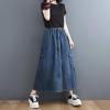 imagechouyatou Womens Casual Vintage Distressed Jean Skirt Elastic High Waisted A Line Midi Flare Denim SkirtDark Blue