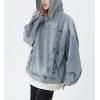 imagechouyatou Womens Distressed Hooded Pullover Denim Jacket Hoodie Boyfriend Casual Jean Sweatshirt TopBlue