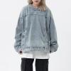 imagechouyatou Womens Distressed Hooded Pullover Denim Jacket Hoodie Boyfriend Casual Jean Sweatshirt TopBlue
