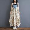 imagechouyatou Womens Sleeveless Denim Chiffon Splicing Ruffle Overall Dress Loose Maxi Bib Jumper DressBeige