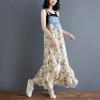 imagechouyatou Womens Sleeveless Denim Chiffon Splicing Ruffle Overall Dress Loose Maxi Bib Jumper DressBeige