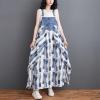 imagechouyatou Womens Sleeveless Denim Chiffon Splicing Ruffle Overall Dress Loose Maxi Bib Jumper DressBlue
