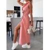 imagechouyatou Womens Summer Sleeveless Denim Shirt Dress Business Casual Button Down Midi Long Jean Dress with BeltPink