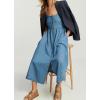 imagechouyatou Womens Summer Spaghetti Strap Denim Dress Button Down Swing Flowy Midi Jean Beach DressBlue