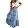 imagechouyatou Womens Boho Frayed Tiered Denim Skirt Pleated Ruffle A Line Swing Skirt Y2k Maxi Long Jean SkirtBlue