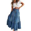 imagechouyatou Womens Boho Frayed Tiered Denim Skirt Pleated Ruffle A Line Swing Skirt Y2k Maxi Long Jean SkirtDark Blue