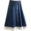 imagechouyatou Womens Casual Elastic Waist Denim Skirt Lace Ruffle Hem Pleated Midi Long Jean Skirt with PocketsDark Blue