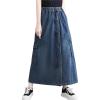 imagechouyatou Womens Casual Vintage Distressed Jean Skirt Elastic High Waisted A Line Midi Flare Denim SkirtDark Blue