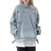 imagechouyatou Womens Distressed Hooded Pullover Denim Jacket Hoodie Boyfriend Casual Jean Sweatshirt TopBlue