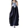 imagechouyatou Womens Sleeveless Denim Chiffon Splicing Ruffle Overall Dress Loose Maxi Bib Jumper DressBlack
