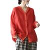 imagechouyatou Womens Spring Summer Oversized Button Down Hooded Linen Shirt Jacket TopRed