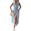 imagechouyatou Womens Summer Sleeveless Denim Shirt Dress Business Casual Button Down Midi Long Jean Dress with BeltLight Blue