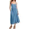imagechouyatou Womens Summer Spaghetti Strap Denim Dress Button Down Swing Flowy Midi Jean Beach DressBlue