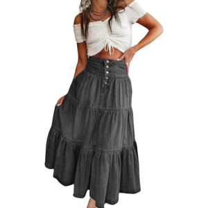 imagechouyatou Womens Boho Frayed Tiered Denim Skirt Pleated Ruffle A Line Swing Skirt Y2k Maxi Long Jean SkirtBlack Grey