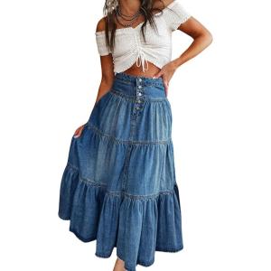 imagechouyatou Womens Boho Frayed Tiered Denim Skirt Pleated Ruffle A Line Swing Skirt Y2k Maxi Long Jean SkirtDark Blue