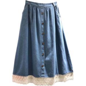 imagechouyatou Womens Casual Elastic Waist Denim Skirt Lace Ruffle Hem Pleated Midi Long Jean Skirt with PocketsLight Blue