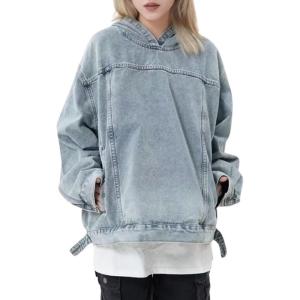 imagechouyatou Womens Distressed Hooded Pullover Denim Jacket Hoodie Boyfriend Casual Jean Sweatshirt TopBlue