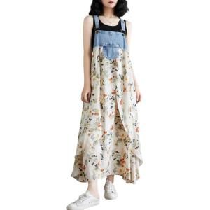 imagechouyatou Womens Sleeveless Denim Chiffon Splicing Ruffle Overall Dress Loose Maxi Bib Jumper DressBeige