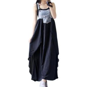 imagechouyatou Womens Sleeveless Denim Chiffon Splicing Ruffle Overall Dress Loose Maxi Bib Jumper DressBlack
