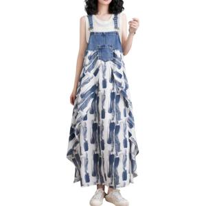 imagechouyatou Womens Sleeveless Denim Chiffon Splicing Ruffle Overall Dress Loose Maxi Bib Jumper DressBlue