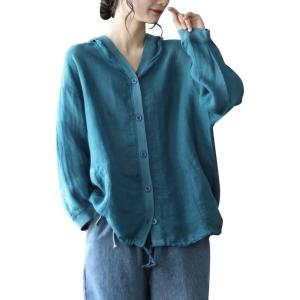 imagechouyatou Womens Spring Summer Oversized Button Down Hooded Linen Shirt Jacket TopBlue