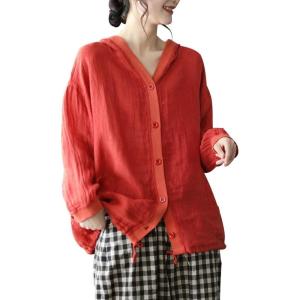 imagechouyatou Womens Spring Summer Oversized Button Down Hooded Linen Shirt Jacket TopRed