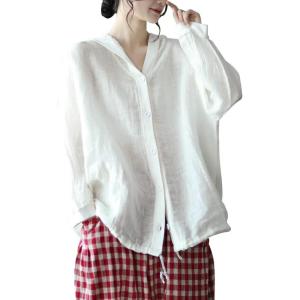 imagechouyatou Womens Spring Summer Oversized Button Down Hooded Linen Shirt Jacket TopWhite