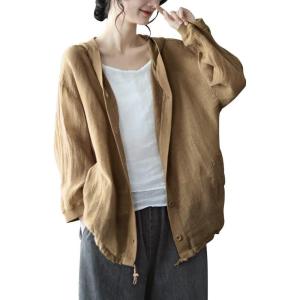 imagechouyatou Womens Spring Summer Oversized Button Down Hooded Linen Shirt Jacket TopYellow