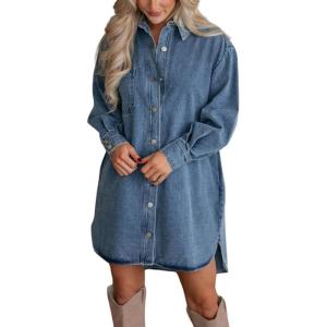 imagechouyatou Womens Summer Long Sleeve Button Down Denim Shirt Dress Business Casual Midi Jean Tunic DressBlue