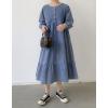 imagechouyatou Womens Casual Ruffle Long Sleeve Denim Dress Button Up Baydoll Tiered Jean Midi Long DressBlue