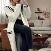 imagechouyatou Womens Cute Sailor Collar Striped Open Front Long Knit Cardigan Sweaters Coat with PocketsBeige