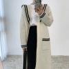 imagechouyatou Womens Cute Sailor Collar Striped Open Front Long Knit Cardigan Sweaters Coat with PocketsBeige