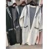 imagechouyatou Womens Cute Sailor Collar Striped Open Front Long Knit Cardigan Sweaters Coat with PocketsBeige