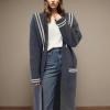 imagechouyatou Womens Cute Sailor Collar Striped Open Front Long Knit Cardigan Sweaters Coat with PocketsGrey