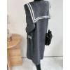 imagechouyatou Womens Cute Sailor Collar Striped Open Front Long Knit Cardigan Sweaters Coat with PocketsGrey