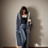 imagechouyatou Womens Cute Sailor Collar Striped Open Front Long Knit Cardigan Sweaters Coat with PocketsGrey