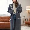 imagechouyatou Womens Cute Sailor Collar Striped Open Front Long Knit Cardigan Sweaters Coat with PocketsGrey