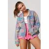 imagechouyatou Womens Cute Y2k Flower Pattern Denim Jacket Button Down Frayed Fringe Jean Jacket CoatBlue