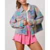 imagechouyatou Womens Cute Y2k Flower Pattern Denim Jacket Button Down Frayed Fringe Jean Jacket CoatBlue