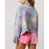 imagechouyatou Womens Cute Y2k Flower Pattern Denim Jacket Button Down Frayed Fringe Jean Jacket CoatBlue
