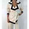 imagechouyatou Womens Double Breasted Color Block Knit Cardigan Sweater Notched Lapel Oversized Jacket CoatBeige White
