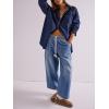imagechouyatou Womens Drawstring Waist Barrel Jeans Boyfriend Baggy Loose Jeans Wide Leg Capri Denim Pants with PocketsDark Blue