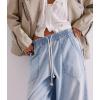 imagechouyatou Womens Drawstring Waist Barrel Jeans Boyfriend Baggy Loose Jeans Wide Leg Capri Denim Pants with PocketsLight Blue