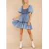 imagechouyatou Womens High Waist Square Neck Short Sleeve Tiered Mini Denim Jean Smocked DressBlue