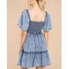 imagechouyatou Womens High Waist Square Neck Short Sleeve Tiered Mini Denim Jean Smocked DressBlue