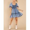 imagechouyatou Womens High Waist Square Neck Short Sleeve Tiered Mini Denim Jean Smocked DressBlue