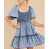 imagechouyatou Womens High Waist Square Neck Short Sleeve Tiered Mini Denim Jean Smocked DressBlue