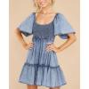 imagechouyatou Womens High Waist Square Neck Short Sleeve Tiered Mini Denim Jean Smocked DressBlue