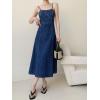 imagechouyatou Womens Sexy Spaghetti Strap Back Smocked Denim Dress Party Club Sleeveless Midi Jean SundressDark Blue